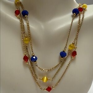 Gold Multi-Strand Necklace with Blue, Red and Yellow Beads